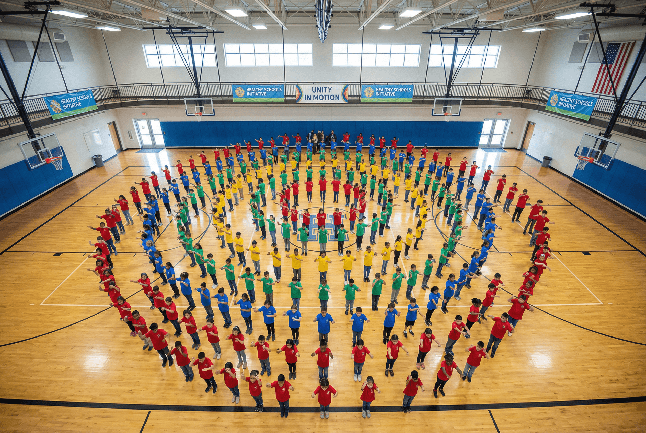 Hundreds of students in coordinated fitness activity
